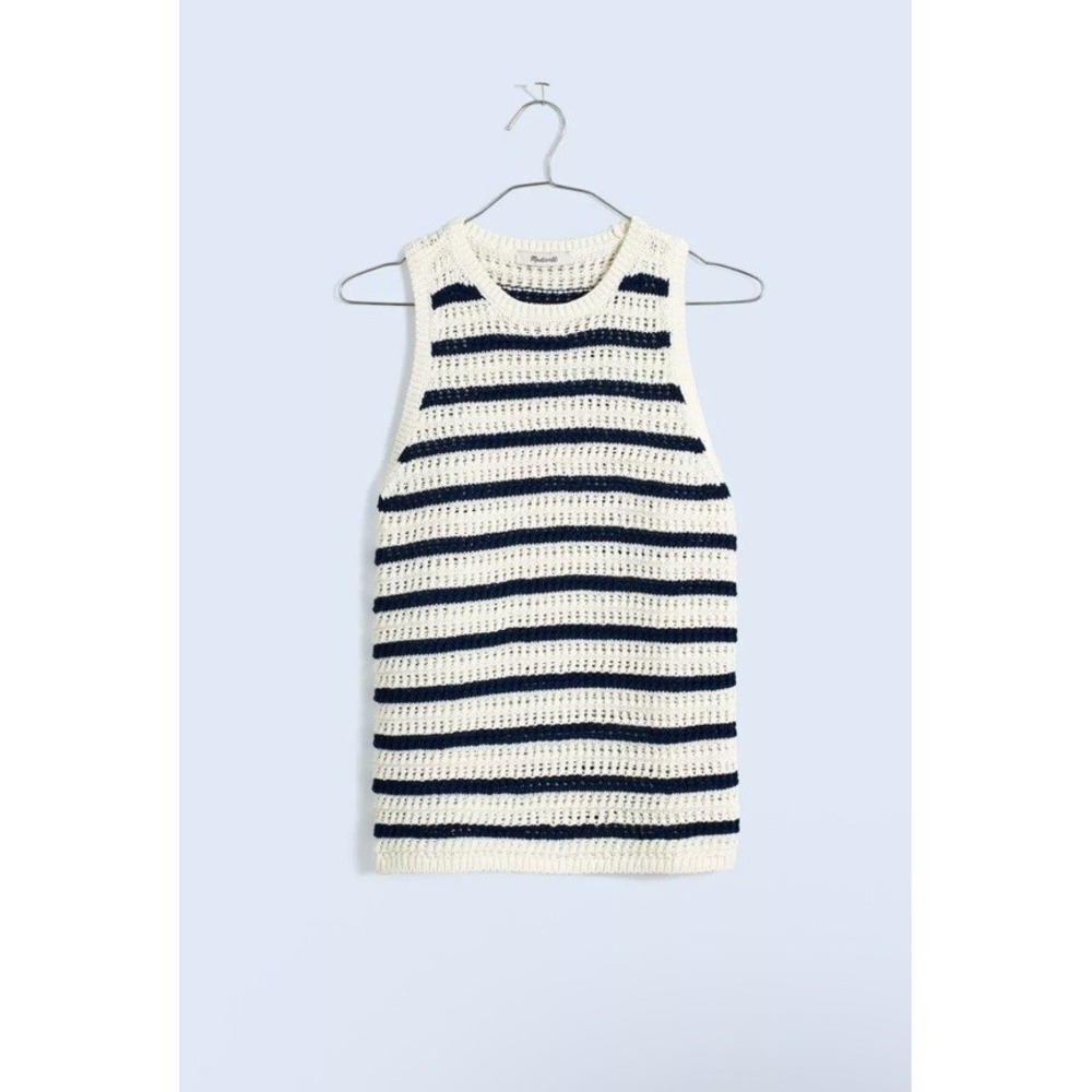 Madewell Womens Crochet Knit Crewneck Sweater Tank N0991 XXS Blue & White NWT